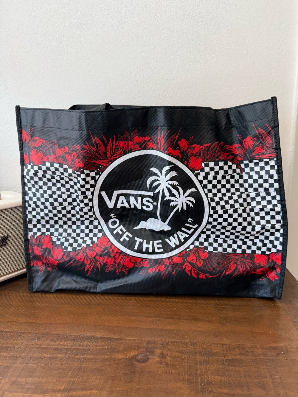 Vans Off The Wall Large Reusable Tote Bag Checkerboard Floral Black Red